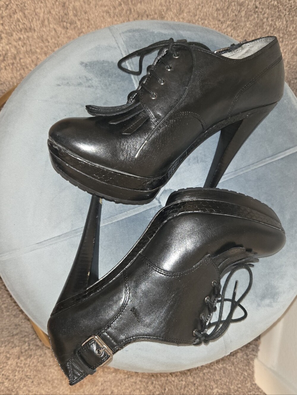 Charles David Black Leather Fringe Lace-Up Heeled Booties Size 8 (38)